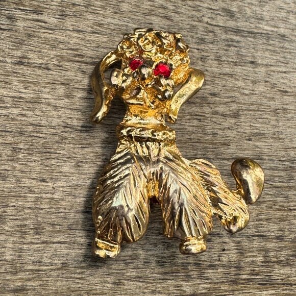 Vintage Gold-Tone Poodle Brooch With Red Rhinestone Eyes - Picture 3 of 9